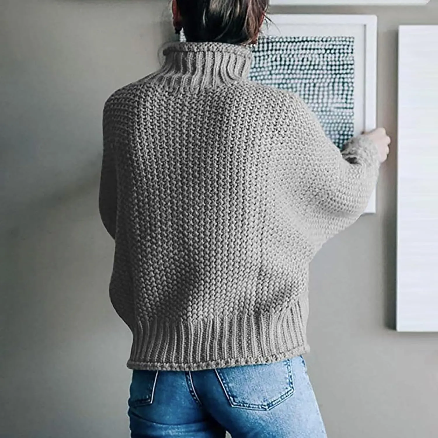 2023 Turtleneck Sweater for Women Batwing Sleeve Solid Loose Oversized Chunky Knitted Pullover Sweater Jumper Tops