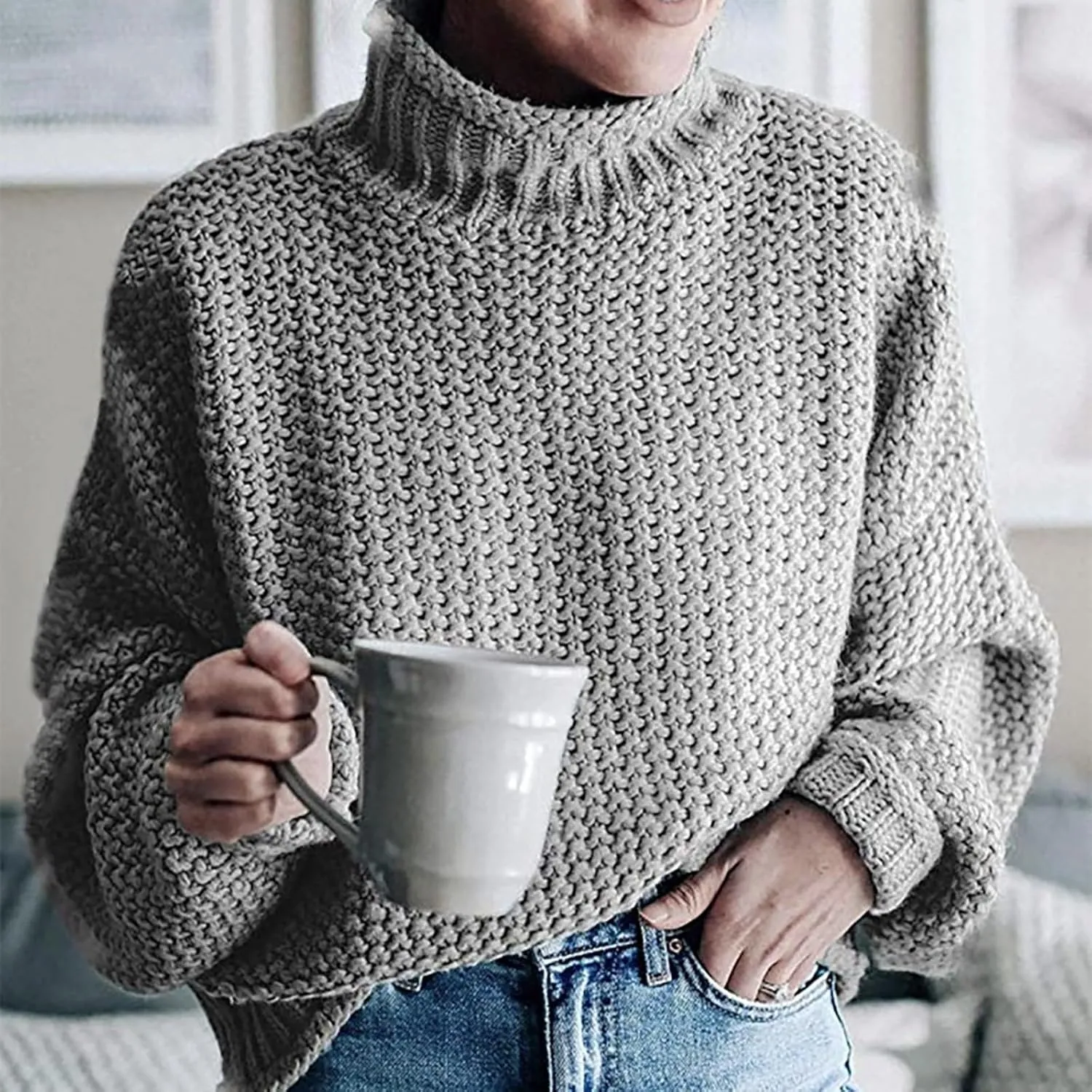 2023 Turtleneck Sweater for Women Batwing Sleeve Solid Loose Oversized Chunky Knitted Pullover Sweater Jumper Tops