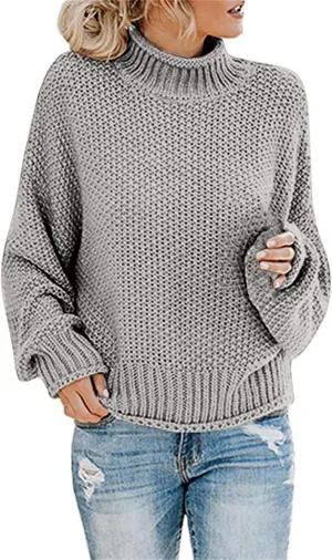 2023 Turtleneck Sweater for Women Batwing Sleeve Solid Loose Oversized Chunky Knitted Pullover Sweater Jumper Tops