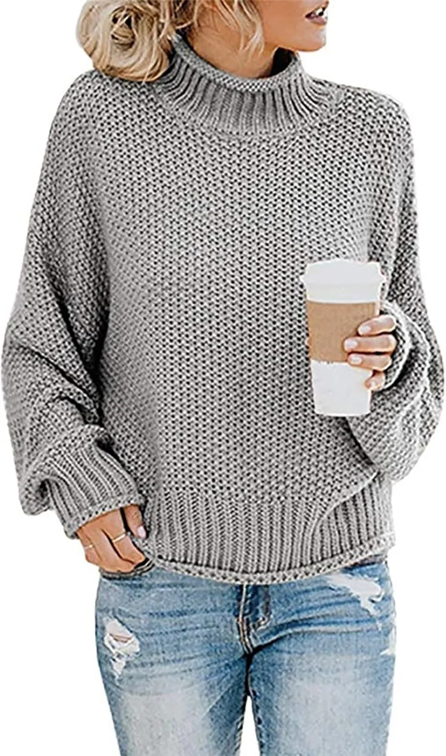 2023 Turtleneck Sweater for Women Batwing Sleeve Solid Loose Oversized Chunky Knitted Pullover Sweater Jumper Tops