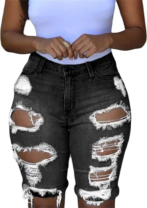 Andongnywell Womens Ripped Frayed Raw Hem High Rise Denim Shorts Casual Jean Shorts Girls Stretch Distressed Short Jeans
