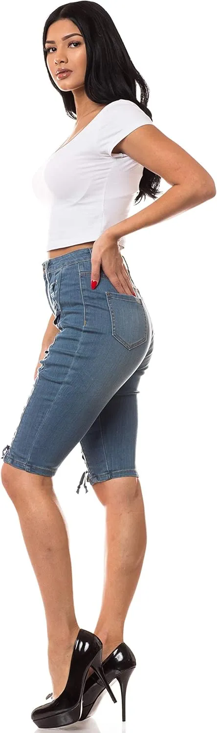 Aphrodite Denim Bermuda Shorts Jeans – Women's Lace Up High Waisted Skinny Fit Fashion Knee Length Cropped Pants