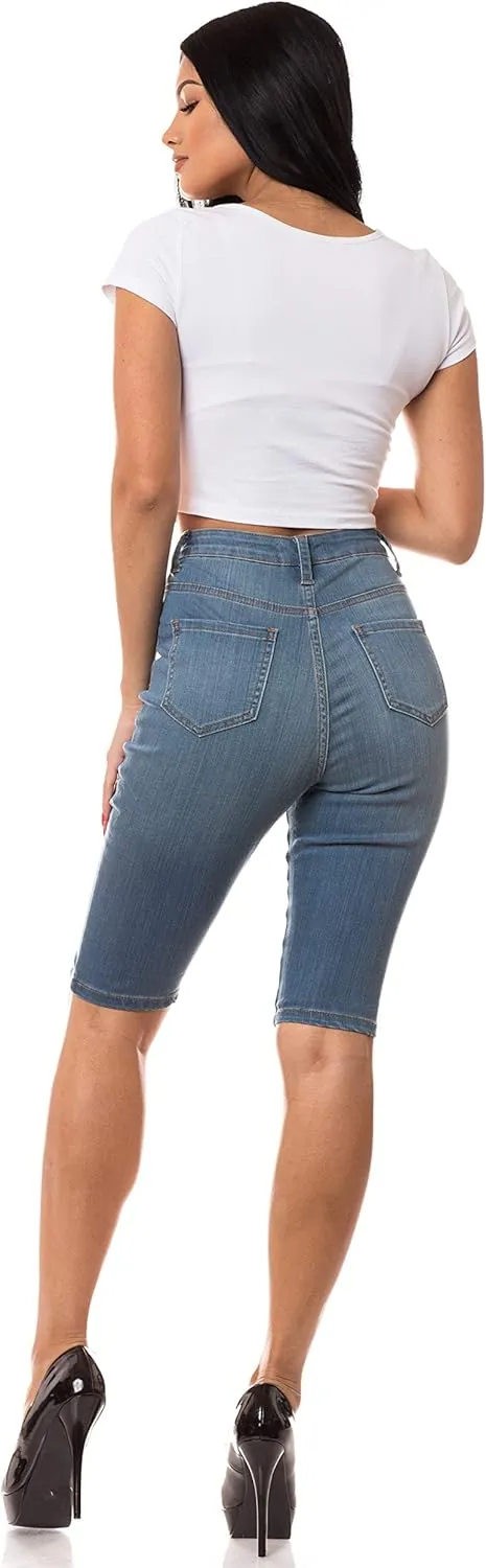 Aphrodite Denim Bermuda Shorts Jeans – Women's Lace Up High Waisted Skinny Fit Fashion Knee Length Cropped Pants
