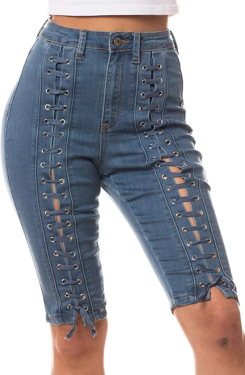 Aphrodite Denim Bermuda Shorts Jeans – Women's Lace Up High Waisted Skinny Fit Fashion Knee Length Cropped Pants