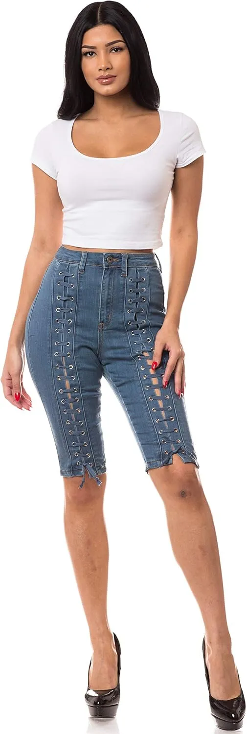 Aphrodite Denim Bermuda Shorts Jeans – Women's Lace Up High Waisted Skinny Fit Fashion Knee Length Cropped Pants