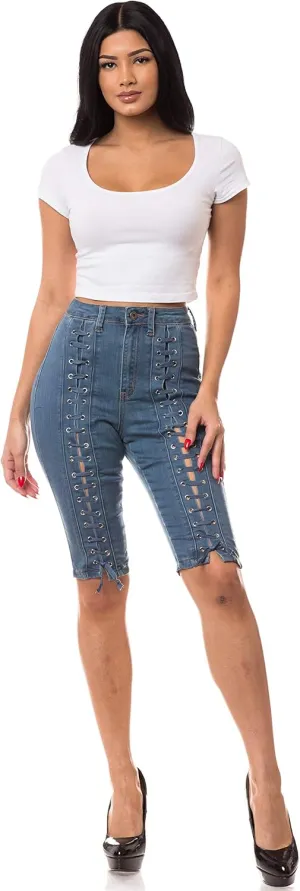 Aphrodite Denim Bermuda Shorts Jeans – Women's Lace Up High Waisted Skinny Fit Fashion Knee Length Cropped Pants