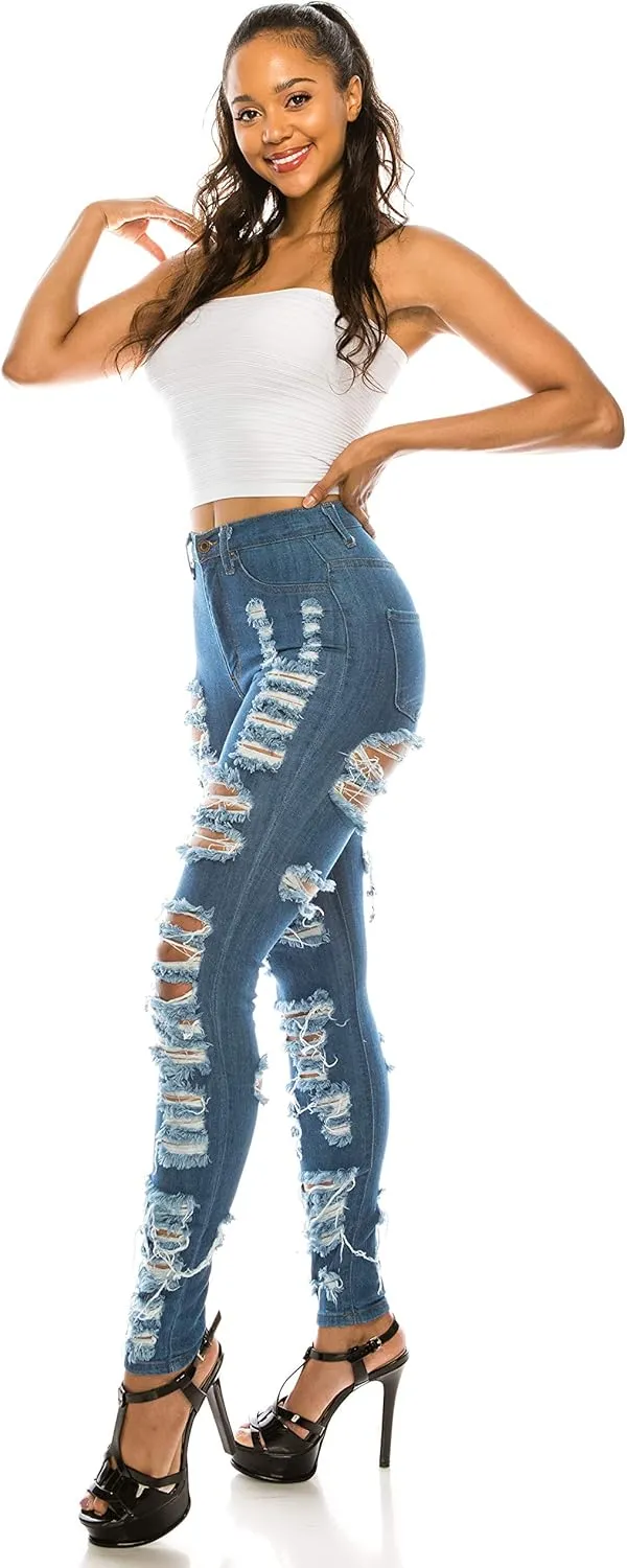 Aphrodite High Waisted Jeans for Women - Skinny Womens Hand Sanding Distressed Ripped Jeans