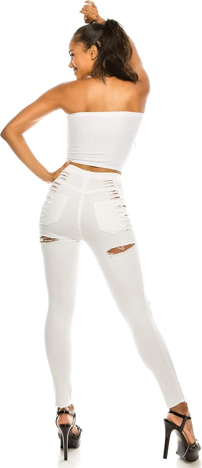 Aphrodite High Waisted Jeans for Women - Skinny Womens Hand Sanding Distressed Ripped Jeans
