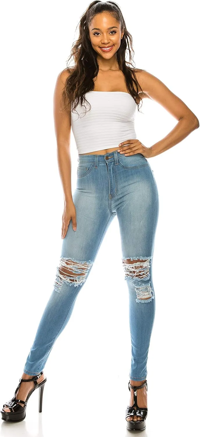Aphrodite High Waisted Jeans for Women - Skinny Womens Hand Sanding Distressed Ripped Jeans