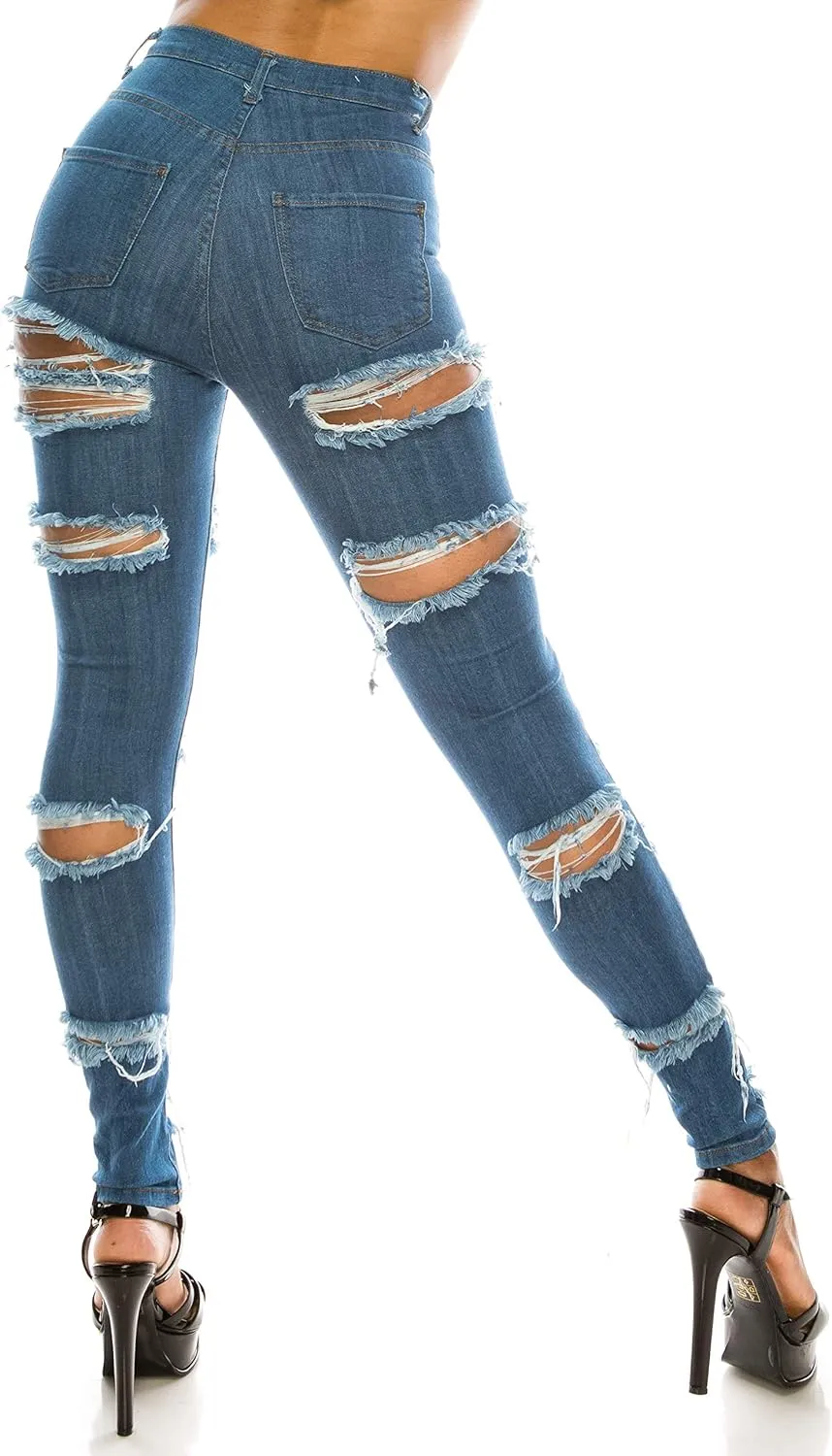 Aphrodite High Waisted Jeans for Women - Skinny Womens Hand Sanding Distressed Ripped Jeans