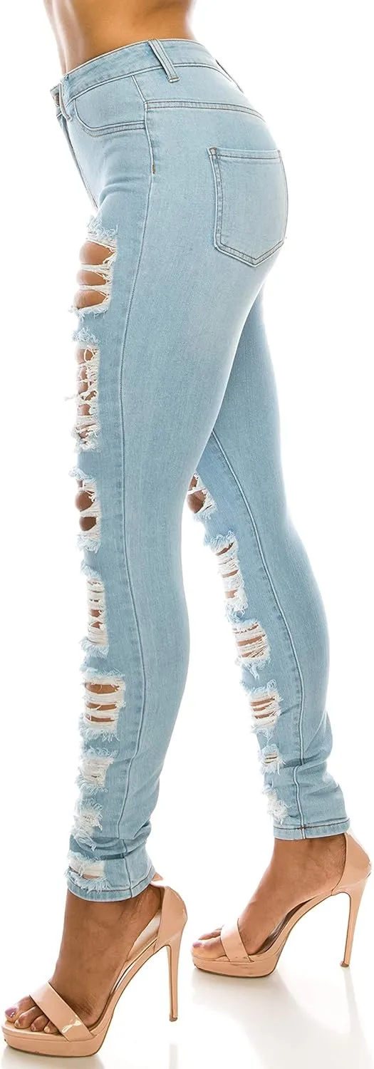 Aphrodite Skinny Cargo Jeans for Women - High Waisted Hand Sanding Distressed Ripped Jeans Stretch Denim Pants
