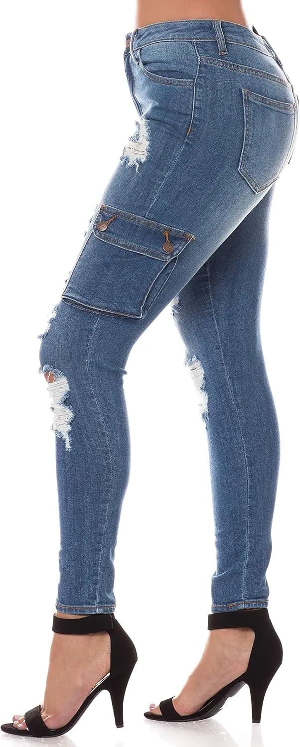 Aphrodite Skinny Cargo Jeans for Women - High Waisted Hand Sanding Distressed Ripped Jeans Stretch Denim Pants