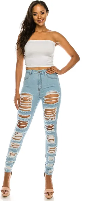 Aphrodite Skinny Cargo Jeans for Women - High Waisted Hand Sanding Distressed Ripped Jeans Stretch Denim Pants
