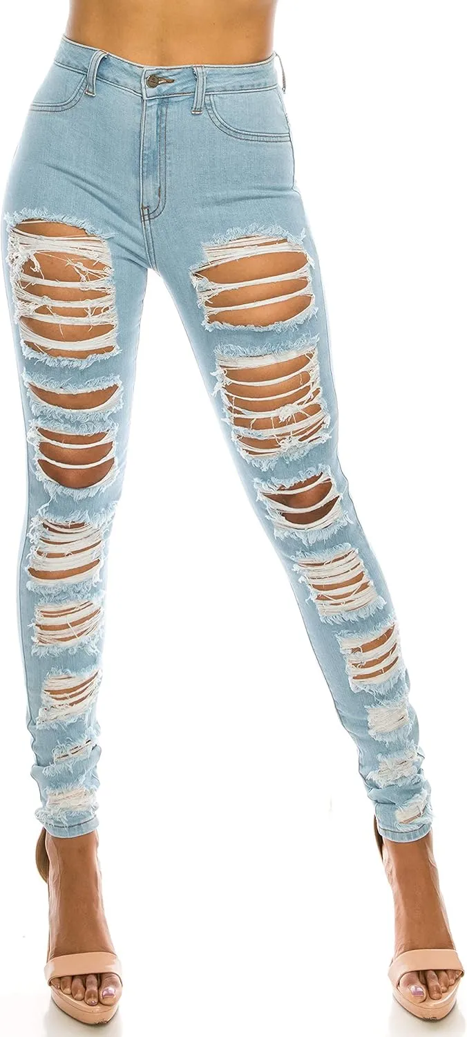 Aphrodite Skinny Cargo Jeans for Women - High Waisted Hand Sanding Distressed Ripped Jeans Stretch Denim Pants