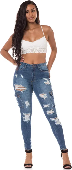 Aphrodite Skinny Cargo Jeans for Women - High Waisted Hand Sanding Distressed Ripped Jeans Stretch Denim Pants