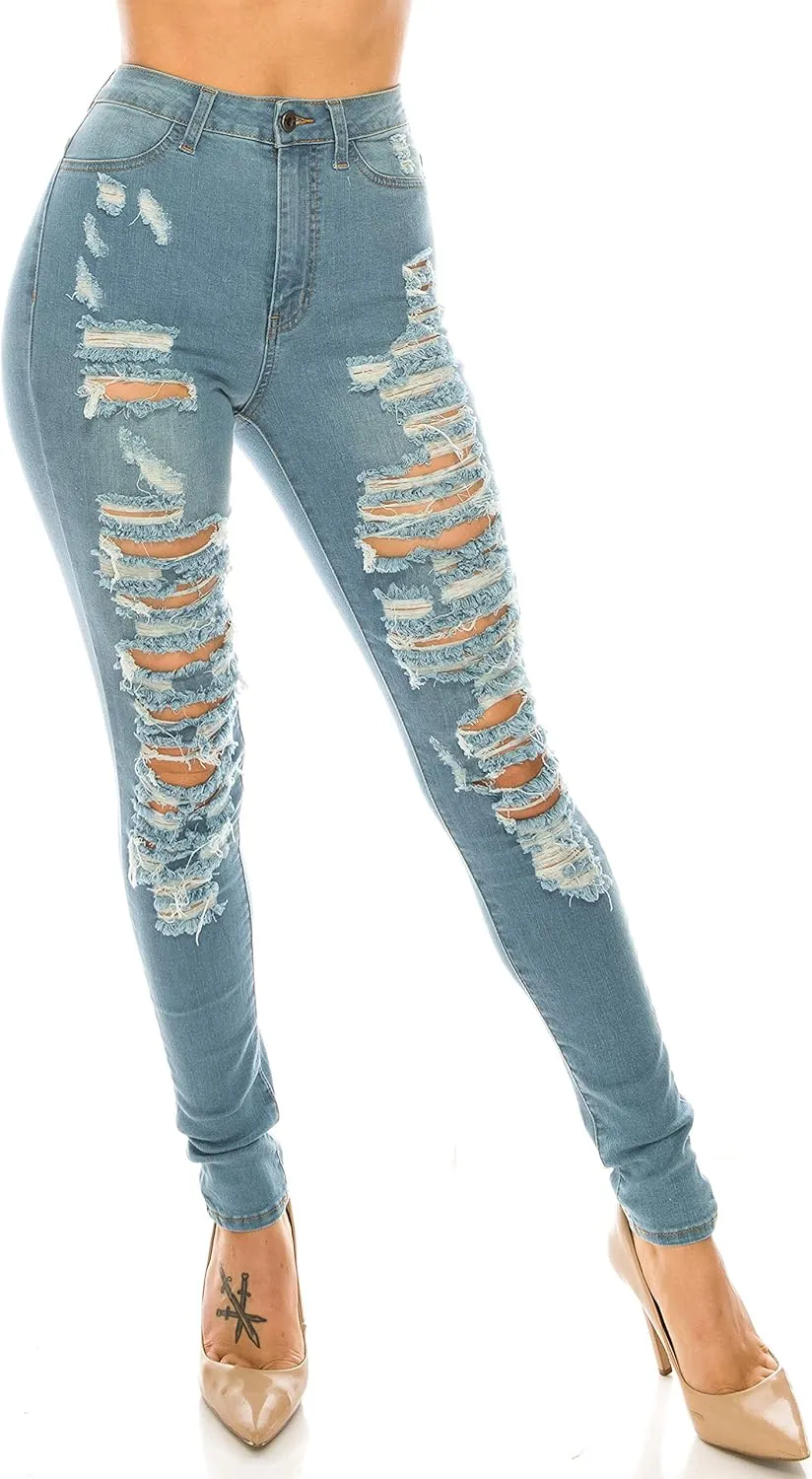 Aphrodite Skinny Cargo Jeans for Women - High Waisted Hand Sanding Distressed Ripped Jeans Stretch Denim Pants