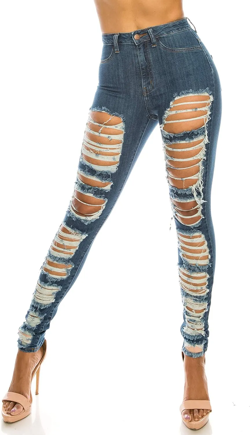 Aphrodite Skinny Cargo Jeans for Women - High Waisted Hand Sanding Distressed Ripped Jeans Stretch Denim Pants