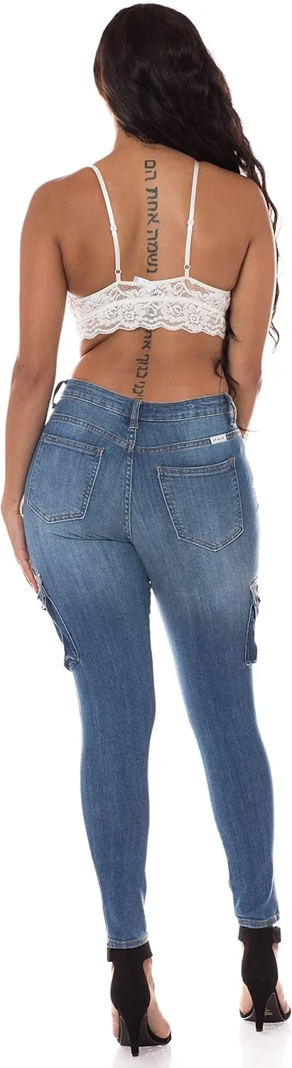Aphrodite Skinny Cargo Jeans for Women - High Waisted Hand Sanding Distressed Ripped Jeans Stretch Denim Pants