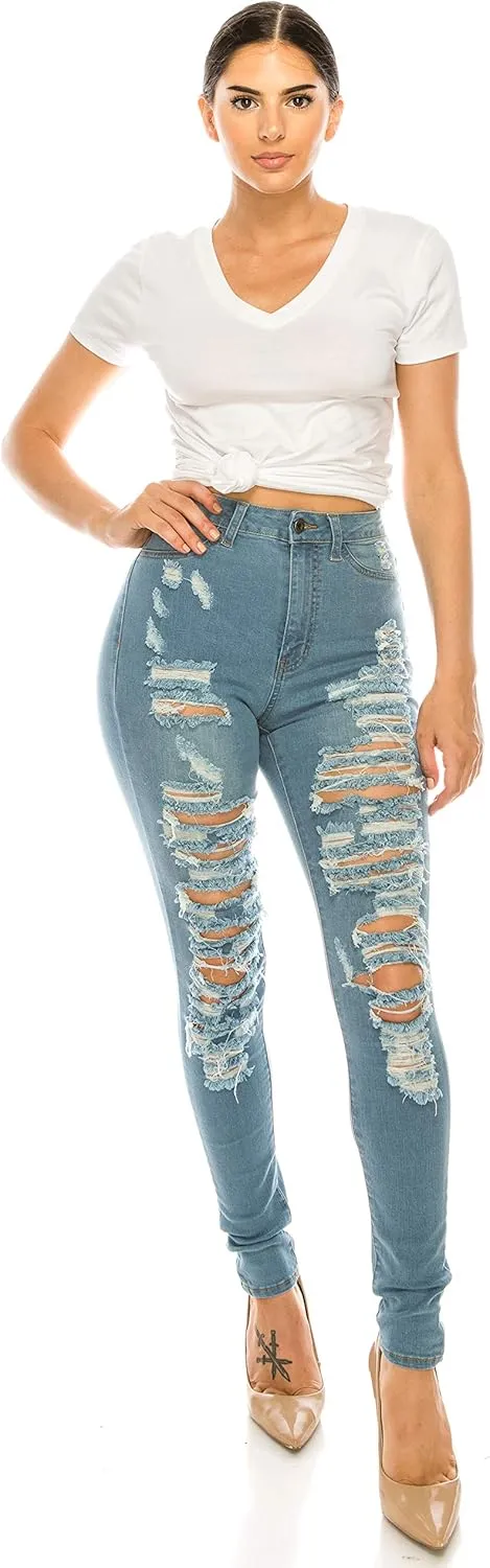 Aphrodite Skinny Cargo Jeans for Women - High Waisted Hand Sanding Distressed Ripped Jeans Stretch Denim Pants