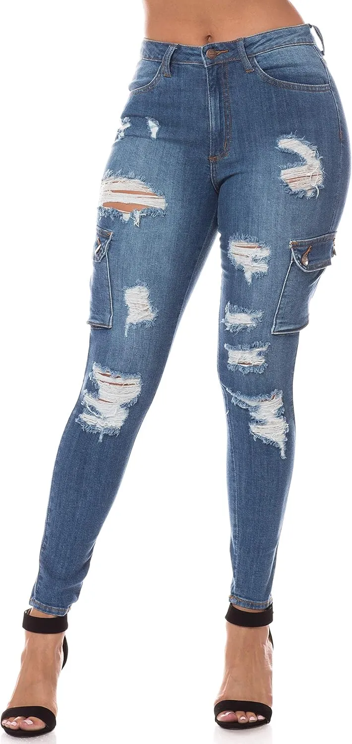 Aphrodite Skinny Cargo Jeans for Women - High Waisted Hand Sanding Distressed Ripped Jeans Stretch Denim Pants