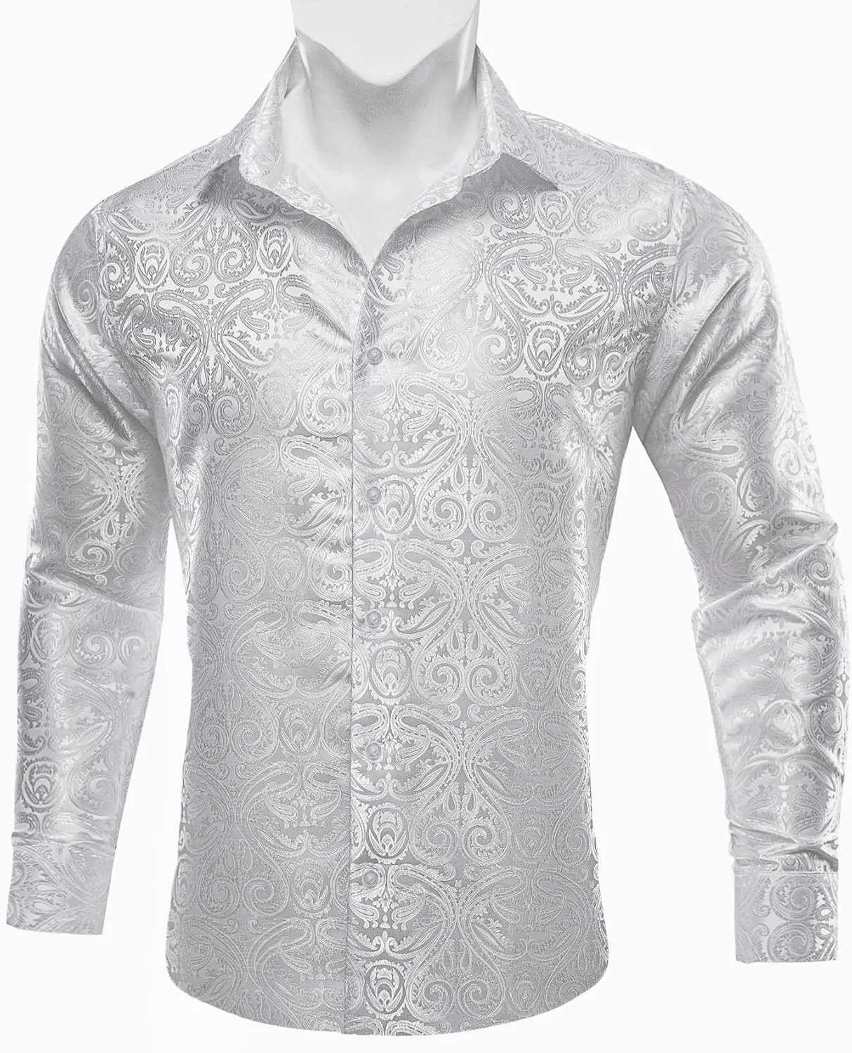 Barry.Wang Men Dress Shirts Paisley 70s Disco Shirt Button Down Silk Long Sleeve Tops for Wedding/Prom/Party/Nightclub