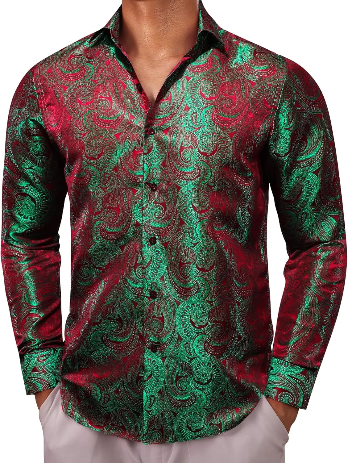 Barry.Wang Men Dress Shirts Paisley 70s Disco Shirt Button Down Silk Long Sleeve Tops for Wedding/Prom/Party/Nightclub