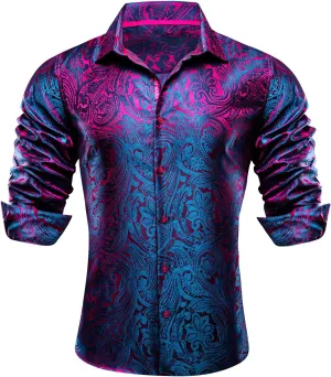 Barry.Wang Men Dress Shirts Paisley 70s Disco Shirt Button Down Silk Long Sleeve Tops for Wedding/Prom/Party/Nightclub