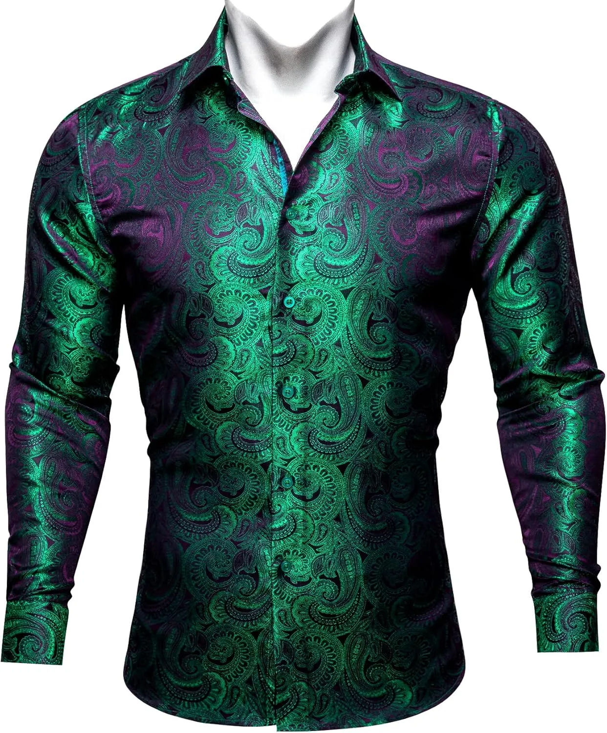 Barry.Wang Men Dress Shirts Paisley 70s Disco Shirt Button Down Silk Long Sleeve Tops for Wedding/Prom/Party/Nightclub