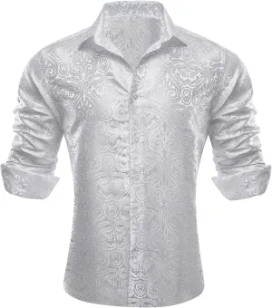 Barry.Wang Men Dress Shirts Paisley 70s Disco Shirt Button Down Silk Long Sleeve Tops for Wedding/Prom/Party/Nightclub