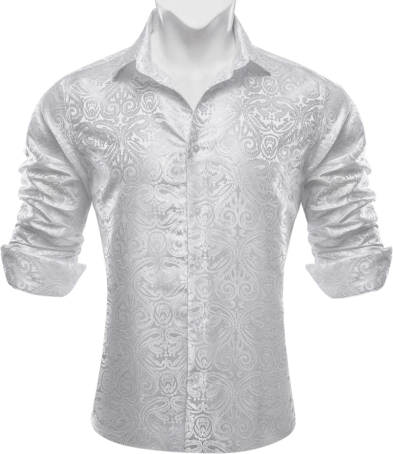 Barry.Wang Men Dress Shirts Paisley 70s Disco Shirt Button Down Silk Long Sleeve Tops for Wedding/Prom/Party/Nightclub