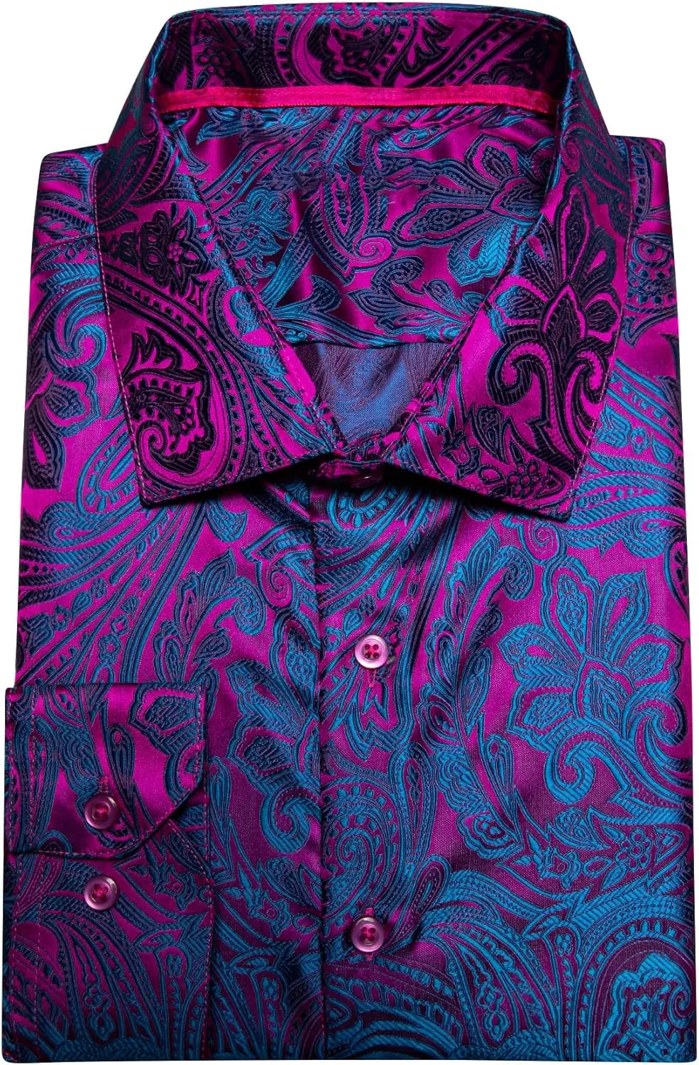 Barry.Wang Men Dress Shirts Paisley 70s Disco Shirt Button Down Silk Long Sleeve Tops for Wedding/Prom/Party/Nightclub