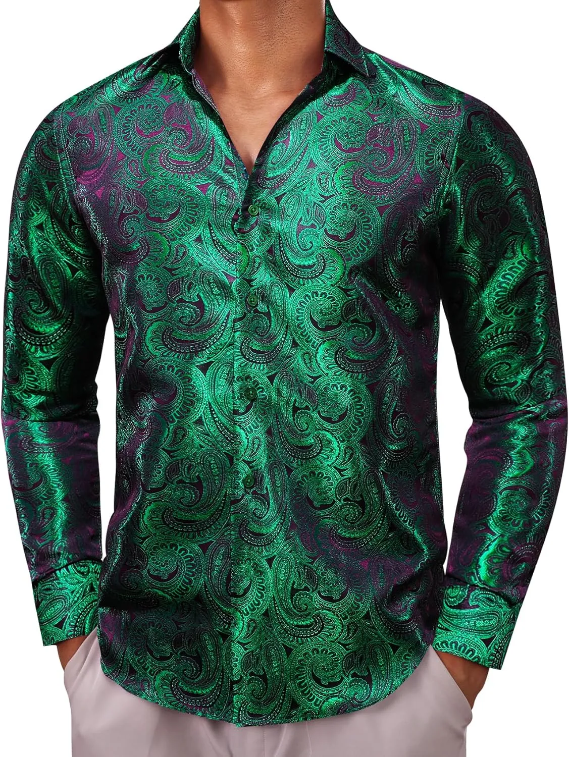 Barry.Wang Men Dress Shirts Paisley 70s Disco Shirt Button Down Silk Long Sleeve Tops for Wedding/Prom/Party/Nightclub