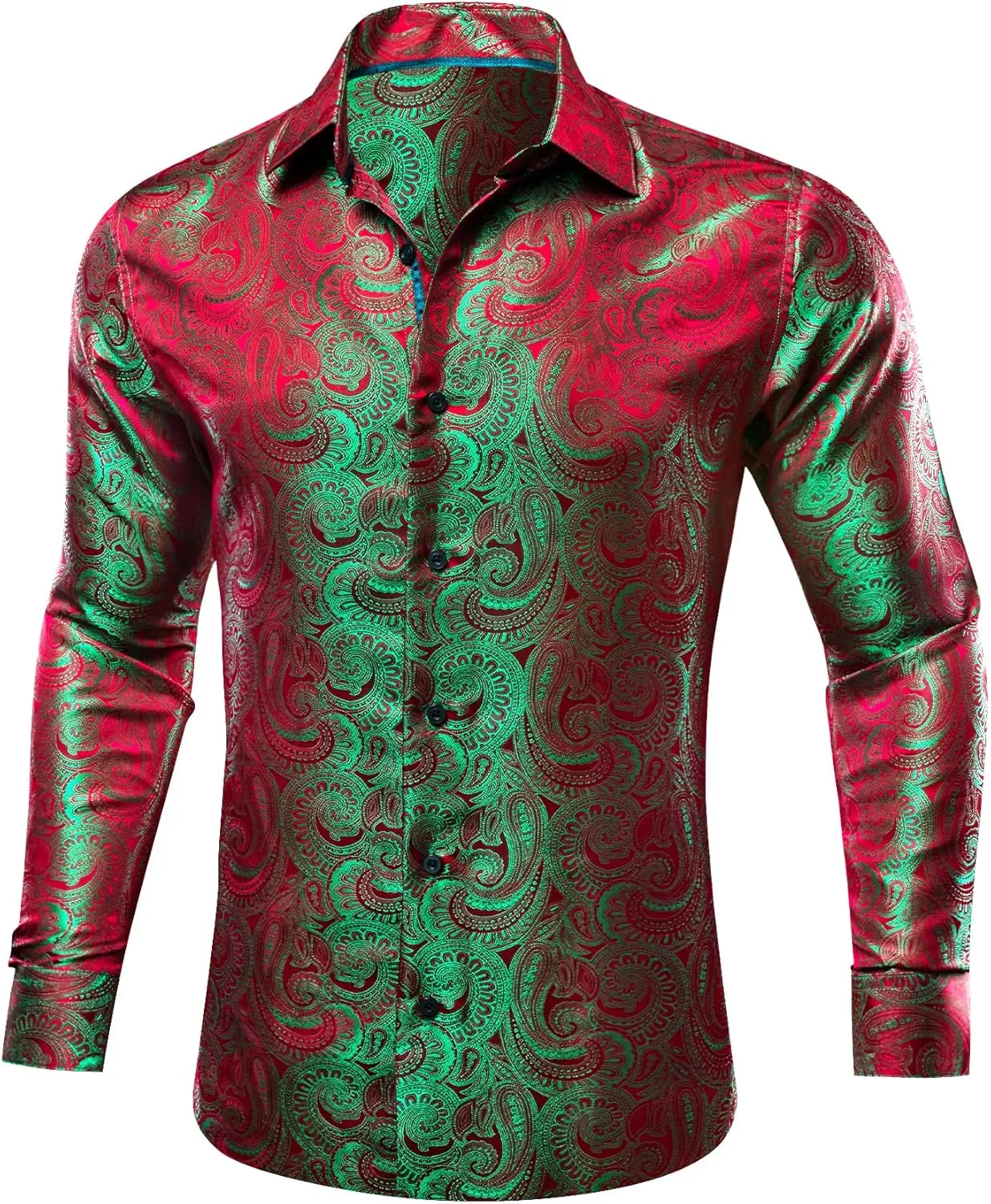 Barry.Wang Men Dress Shirts Paisley 70s Disco Shirt Button Down Silk Long Sleeve Tops for Wedding/Prom/Party/Nightclub