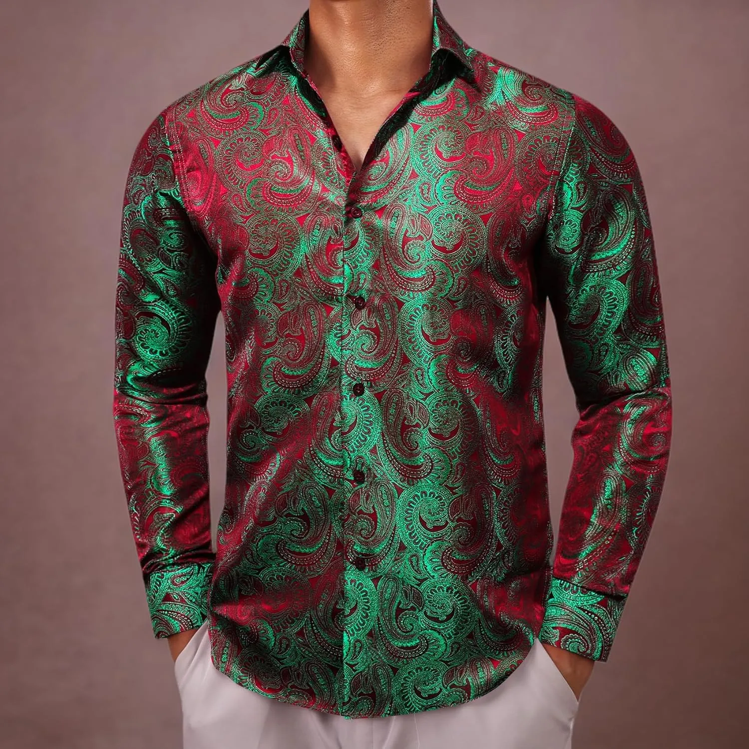 Barry.Wang Men Dress Shirts Paisley 70s Disco Shirt Button Down Silk Long Sleeve Tops for Wedding/Prom/Party/Nightclub