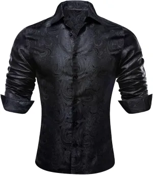 Barry.Wang Men Dress Shirts Paisley 70s Disco Shirt Button Down Silk Long Sleeve Tops for Wedding/Prom/Party/Nightclub