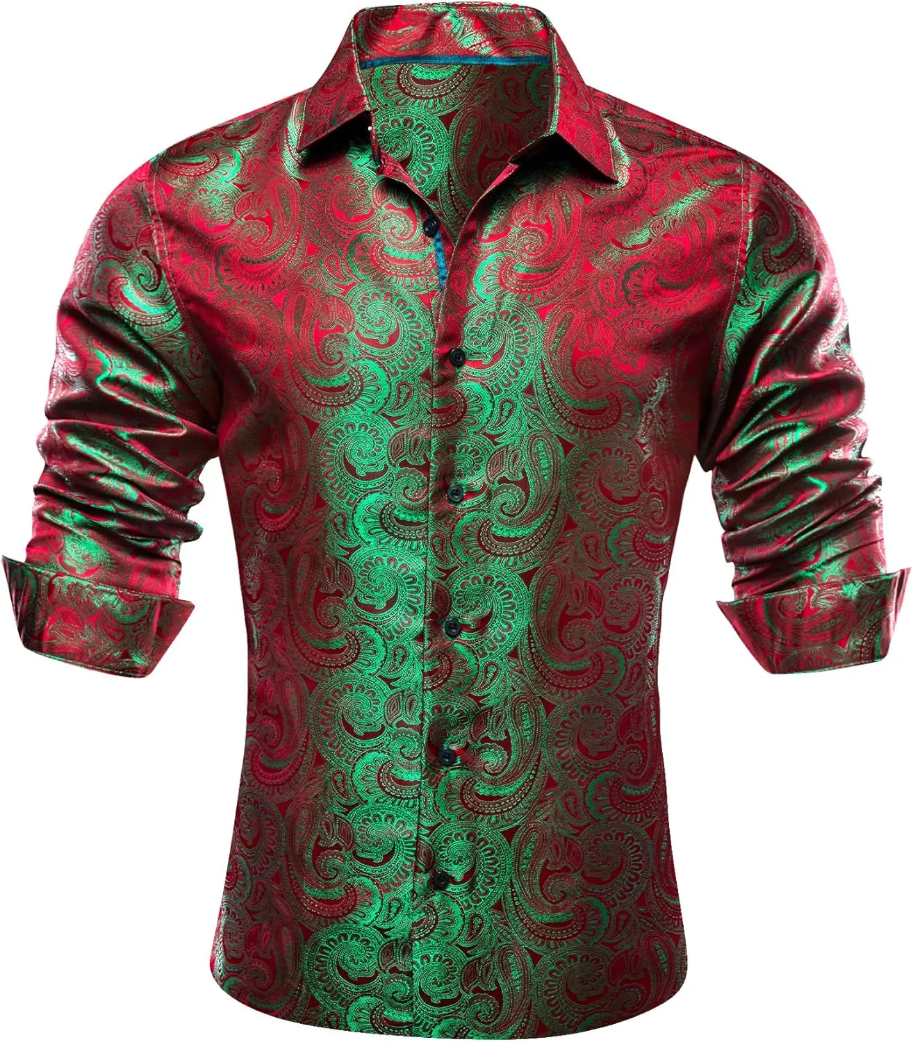 Barry.Wang Men Dress Shirts Paisley 70s Disco Shirt Button Down Silk Long Sleeve Tops for Wedding/Prom/Party/Nightclub