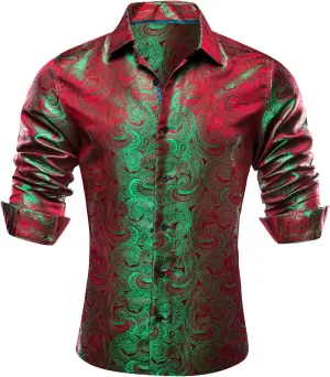 Barry.Wang Men Dress Shirts Paisley 70s Disco Shirt Button Down Silk Long Sleeve Tops for Wedding/Prom/Party/Nightclub