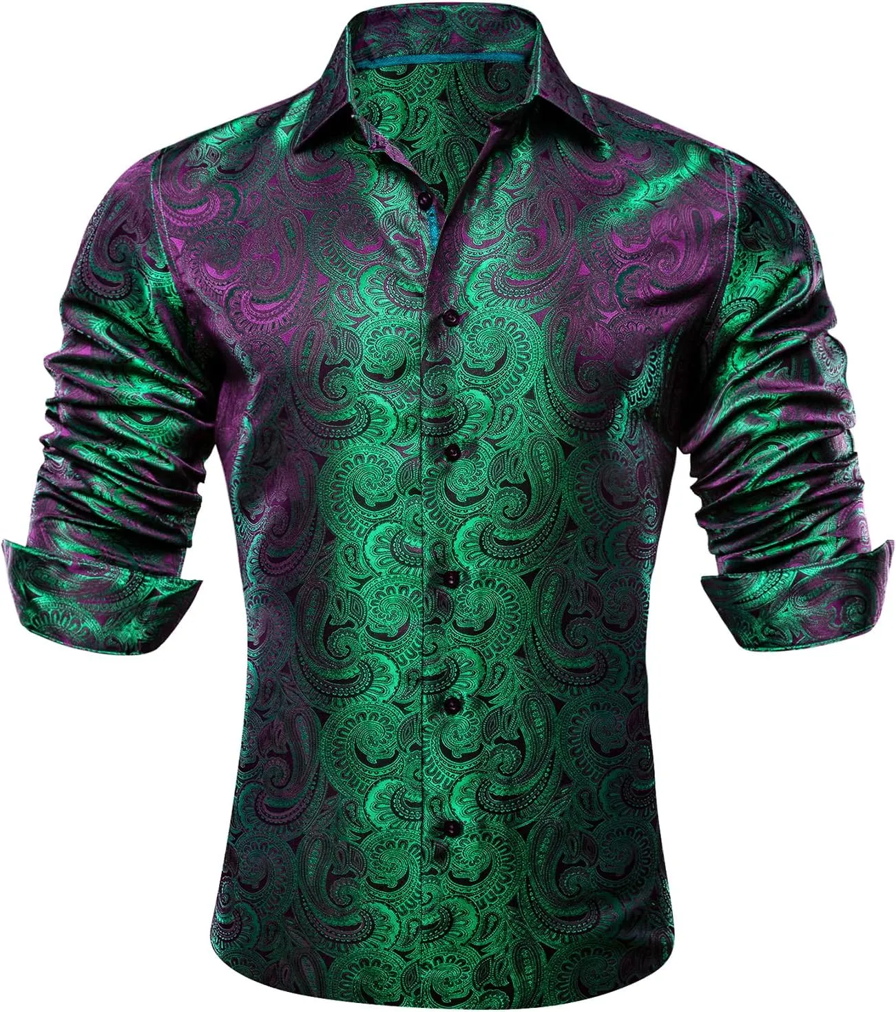 Barry.Wang Men Dress Shirts Paisley 70s Disco Shirt Button Down Silk Long Sleeve Tops for Wedding/Prom/Party/Nightclub