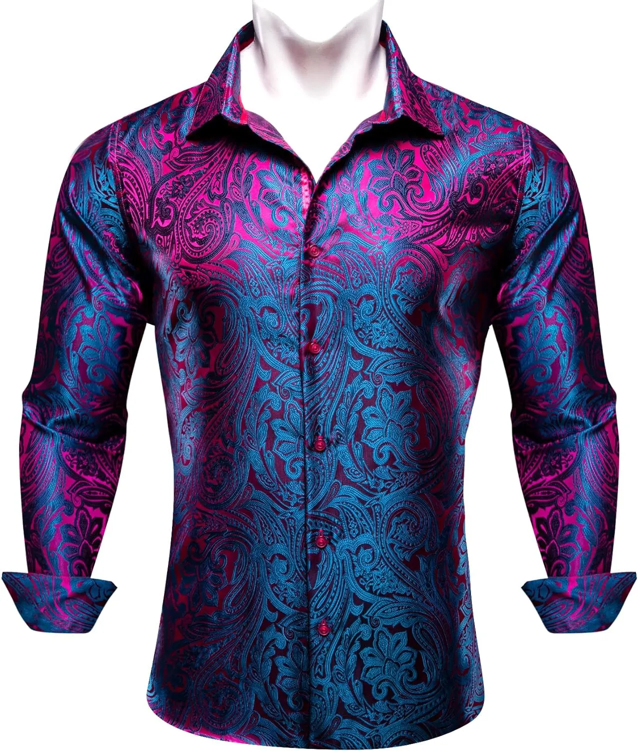 Barry.Wang Men Dress Shirts Paisley 70s Disco Shirt Button Down Silk Long Sleeve Tops for Wedding/Prom/Party/Nightclub