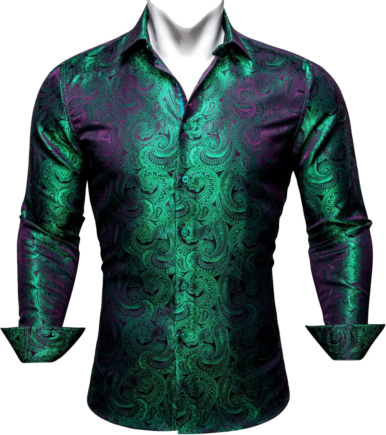 Barry.Wang Men Dress Shirts Paisley 70s Disco Shirt Button Down Silk Long Sleeve Tops for Wedding/Prom/Party/Nightclub