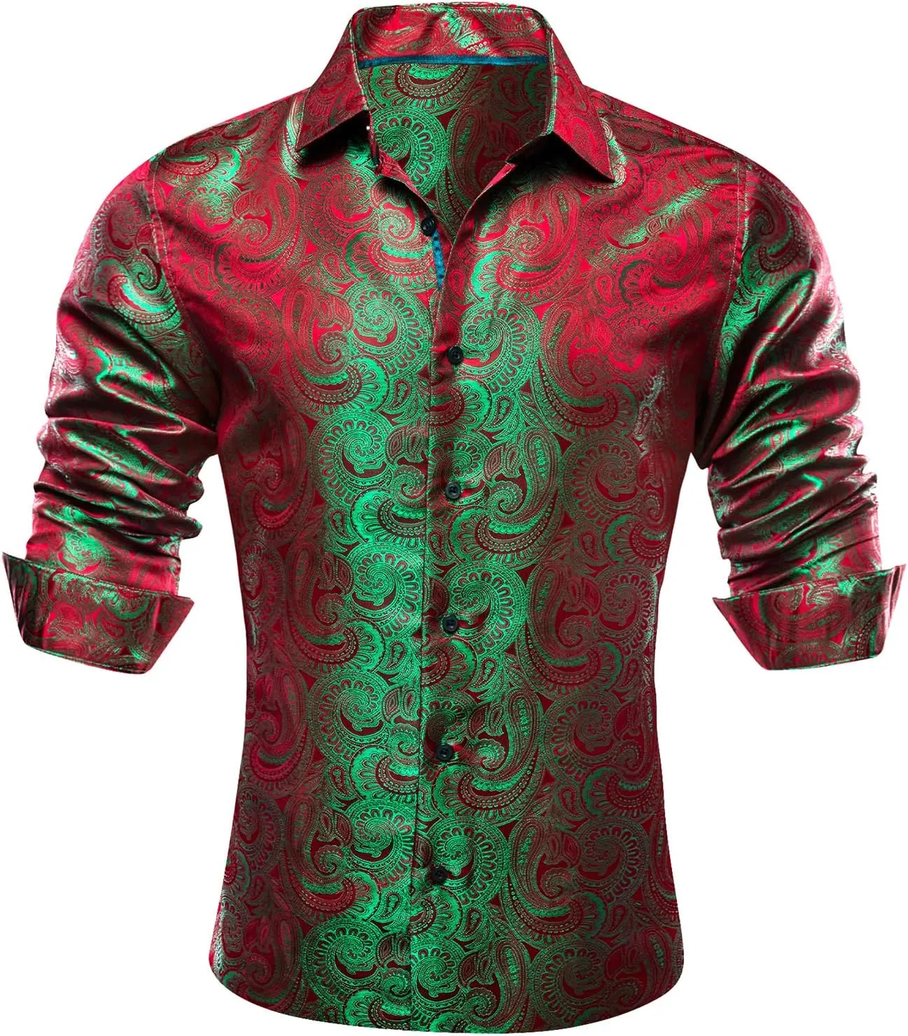 Barry.Wang Men Dress Shirts Paisley 70s Disco Shirt Button Down Silk Long Sleeve Tops for Wedding/Prom/Party/Nightclub