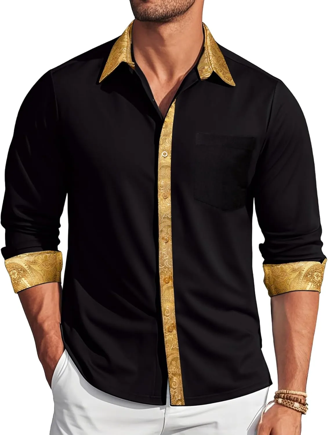 Barry.Wang Mens Satin Silk Shirts Long Sleeve Designer Dress Shirt Shiny Untucked Casual Button Down Shirt Party Disco Formal