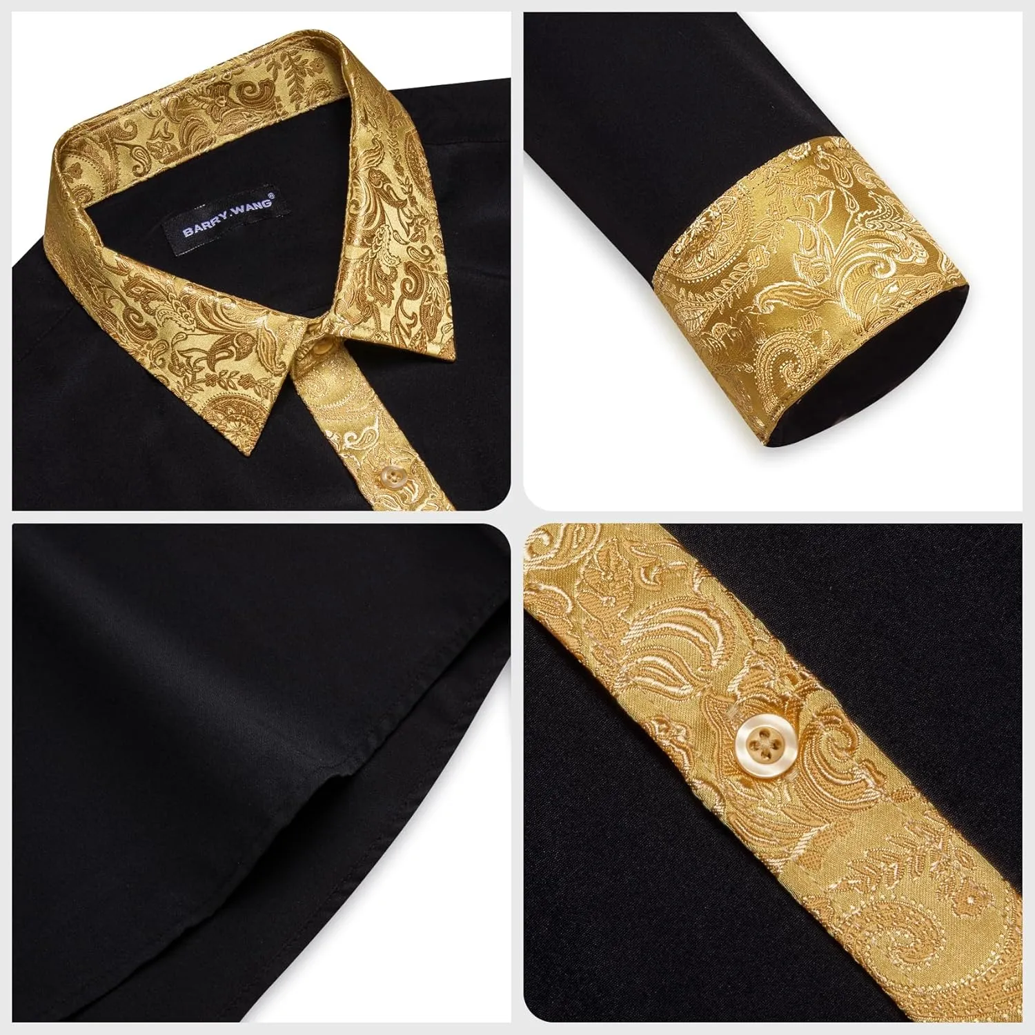 Barry.Wang Mens Satin Silk Shirts Long Sleeve Designer Dress Shirt Shiny Untucked Casual Button Down Shirt Party Disco Formal