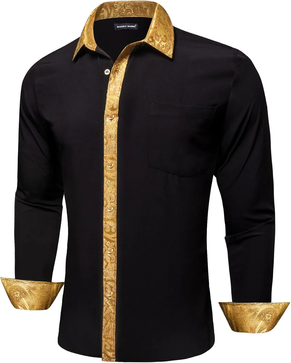 Barry.Wang Mens Satin Silk Shirts Long Sleeve Designer Dress Shirt Shiny Untucked Casual Button Down Shirt Party Disco Formal