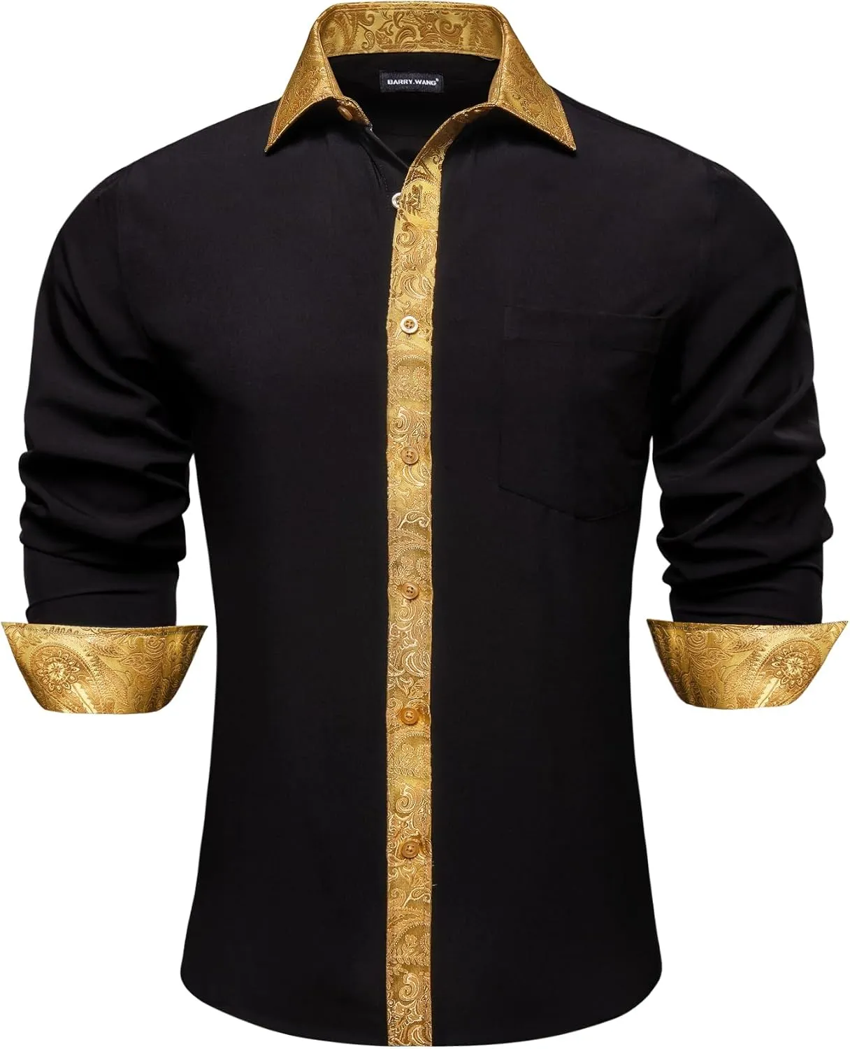 Barry.Wang Mens Satin Silk Shirts Long Sleeve Designer Dress Shirt Shiny Untucked Casual Button Down Shirt Party Disco Formal