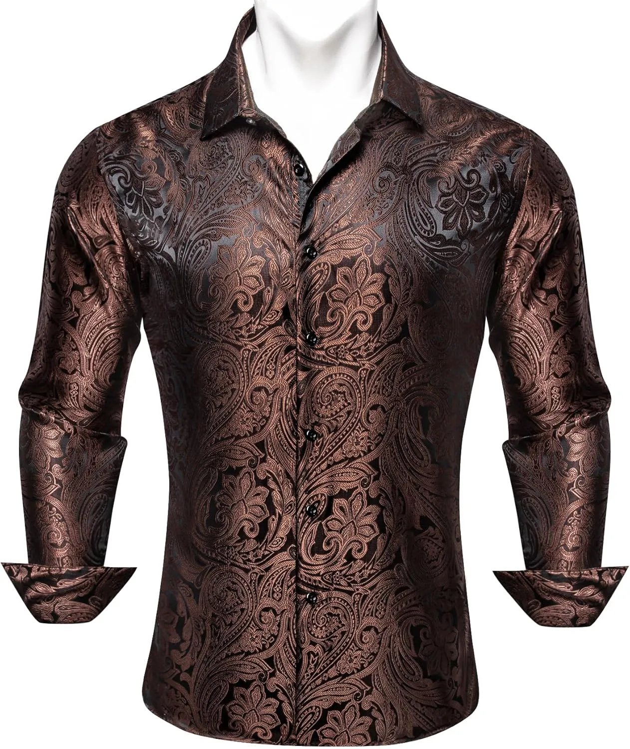 Barry.Wang Men's Silk Shirts Button Down Dress Shirt for Men Satin Paisley Floral Long Sleeve Cowboy Casual Mexico Shirts