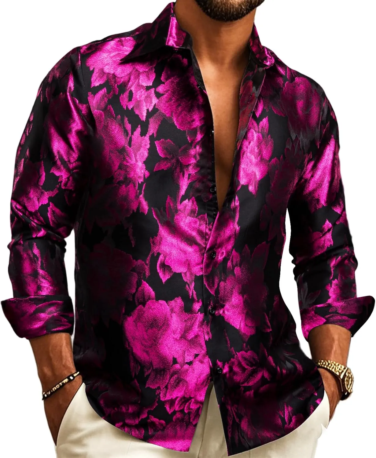 Barry.Wang Men's Silk Shirts Button Down Dress Shirt for Men Satin Paisley Floral Long Sleeve Cowboy Casual Mexico Shirts