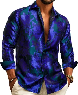 Barry.Wang Men's Silk Shirts Button Down Dress Shirt for Men Satin Paisley Floral Long Sleeve Cowboy Casual Mexico Shirts