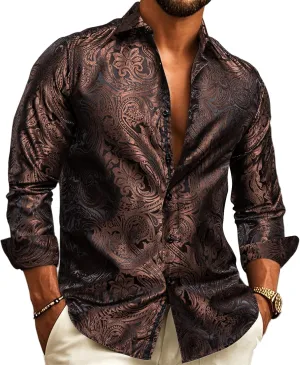 Barry.Wang Men's Silk Shirts Button Down Dress Shirt for Men Satin Paisley Floral Long Sleeve Cowboy Casual Mexico Shirts