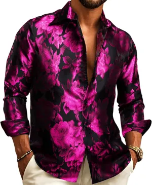 Barry.Wang Men's Silk Shirts Button Down Dress Shirt for Men Satin Paisley Floral Long Sleeve Cowboy Casual Mexico Shirts